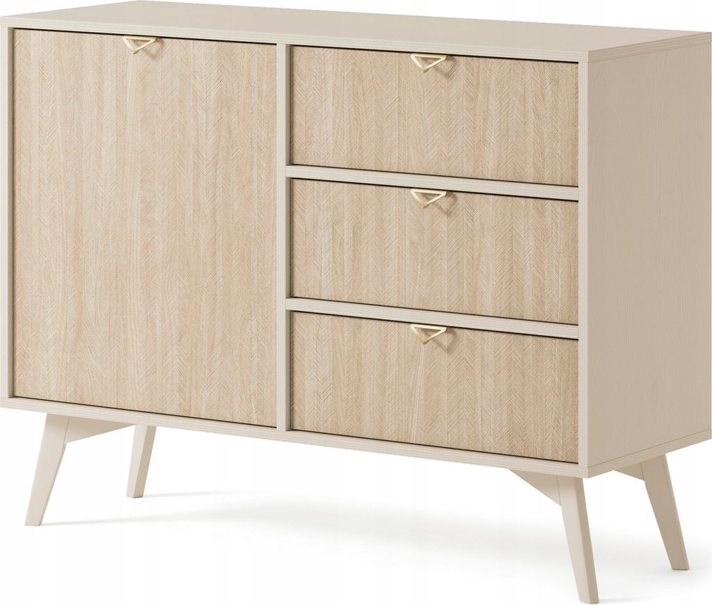 Sideboard WOOD - Kommode mit 3 Schubladen - Holzbeinen, Modern Design - Gold Aluminium Griffen - Beige