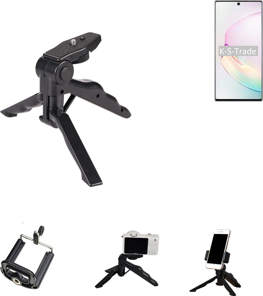 K-S-Trade Stativ Tisch-Ständer Dreibein Handy-Stativ Ständer kompatibel mit Samsung Galaxy Note10+ 5G SD855 Mini-Stativ Smartphone Tripod