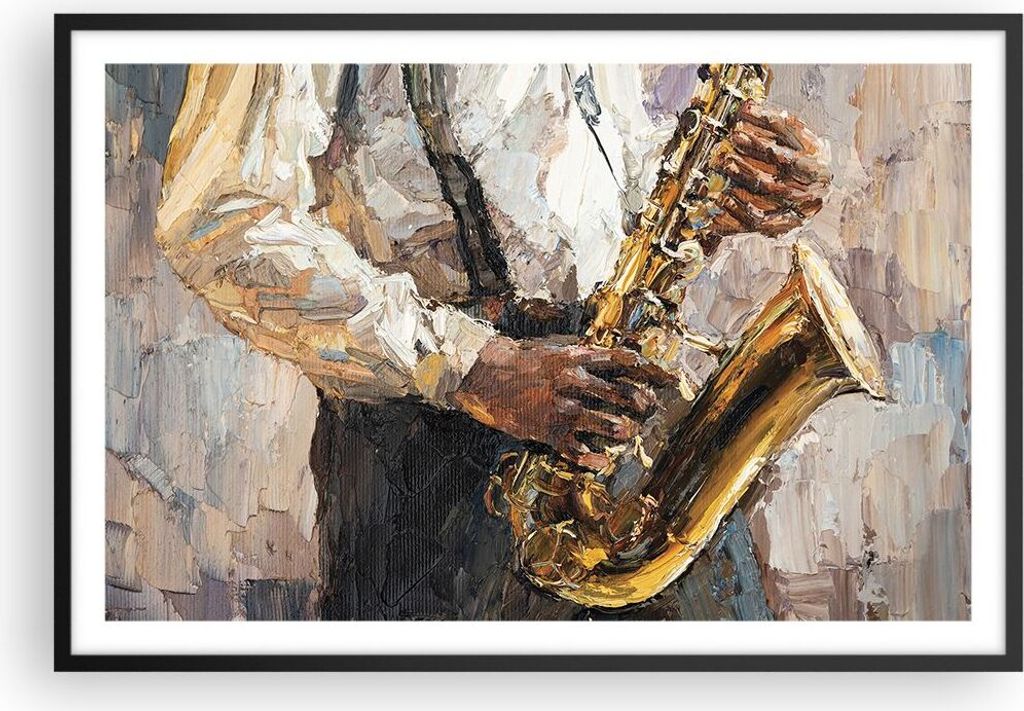 Gerahmtes Poster - Schwarzer Rahmen - Saxophon Öl Musiker - 91,5x61 cm - Wand Bild - Wanddeko - Wandbilder - Kunstposter - Wandposter - Bilderrahm...