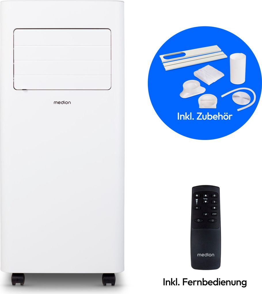 A white mobile air conditioner unit is shown on the left, with a blue circle containing accessories and a remote control on the right.