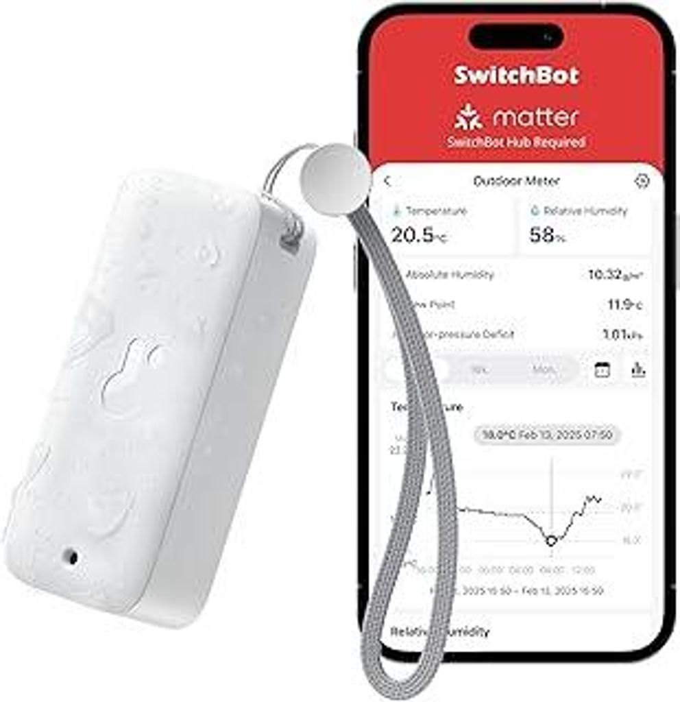 SwitchBot IP65 Hygrometer Thermometer Innen Außen, Bluetooth Thermometer con Taupunkt/VPD/Absolute Feuchtigkeitssensor, Außenthermometer, Datensp...