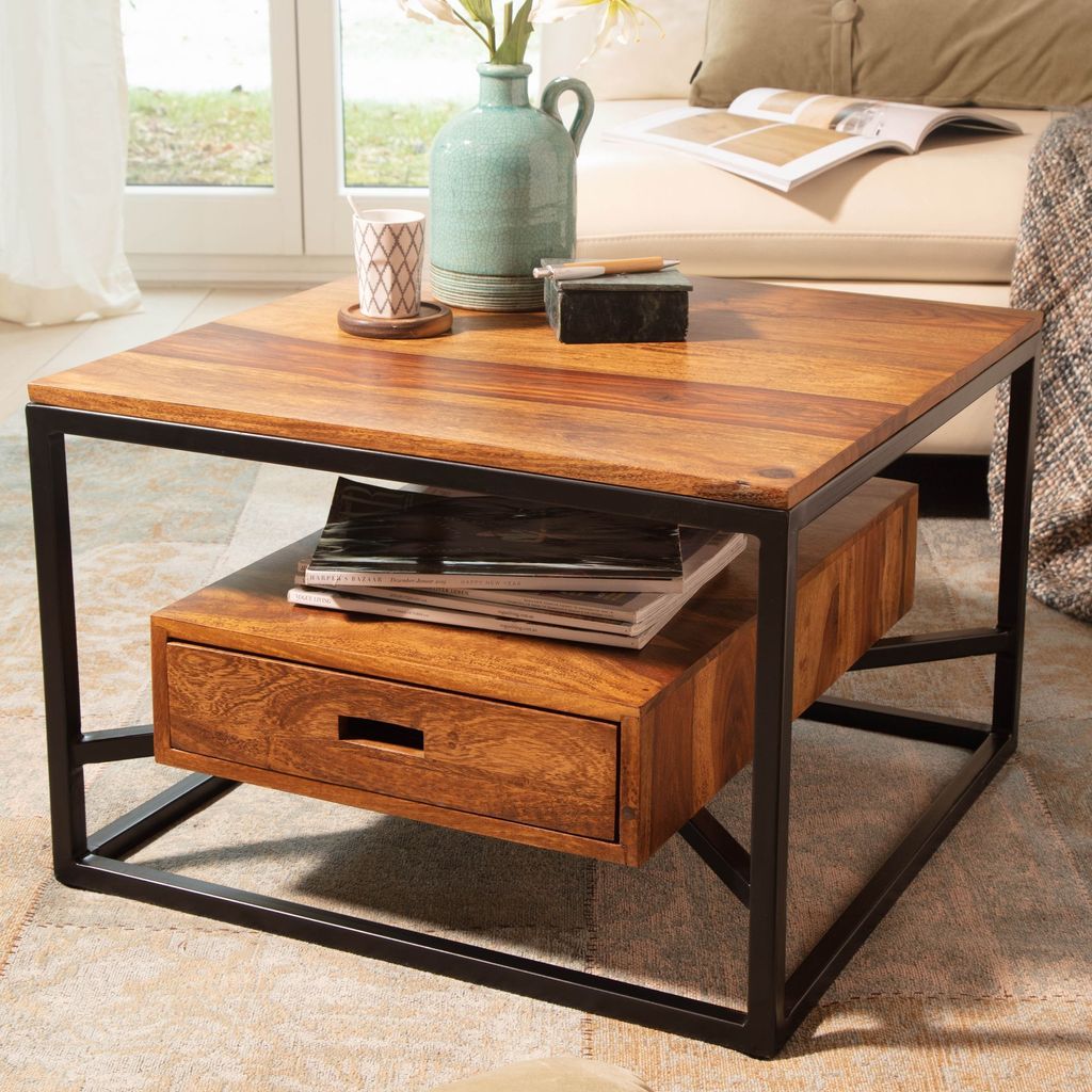 FineBuy Couchtisch 60x60x40 cm Sheesham Massivholz / Metall Produktbild 