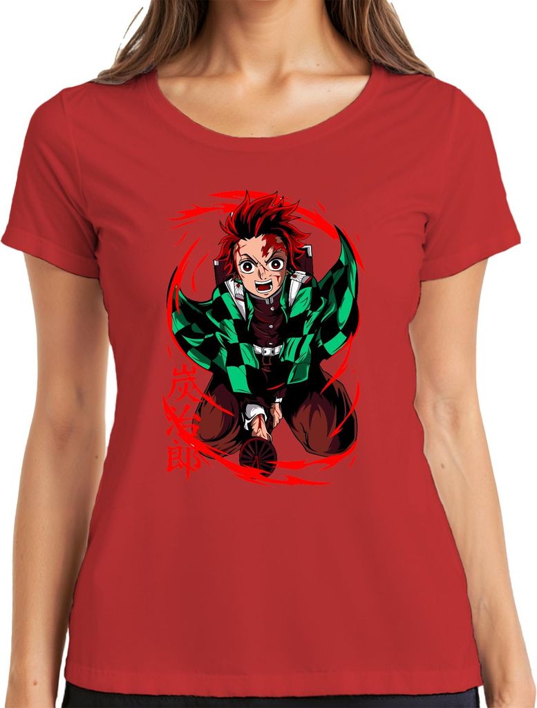 Tanjiro Kimetsu no Yaiba Sonnenatem Hinokami Anime Geschenk Damen T-Shirt, Rot, 3XL