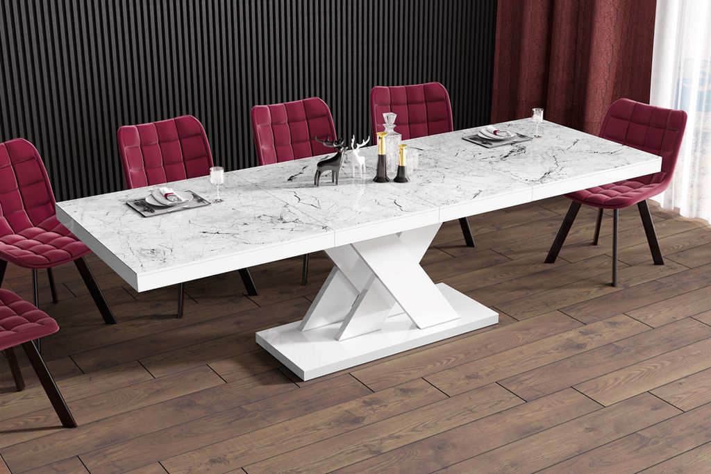 Design Esstisch Tisch HEN-111 Marmoroptik Marmor - Weiß Hochglanz ausziehbar 160 bis 256 cm