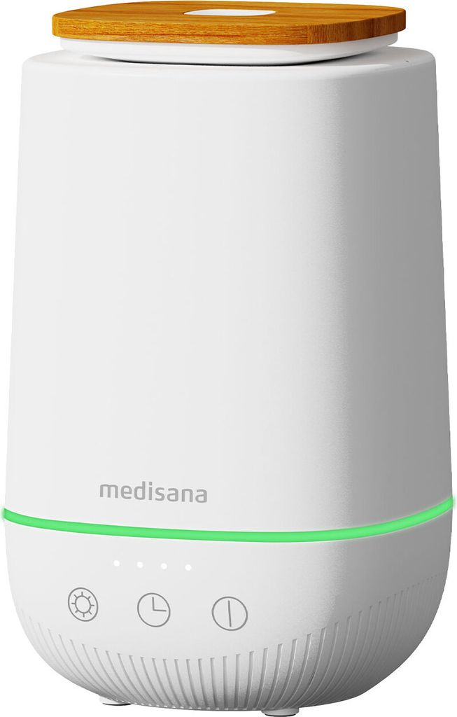 A white aroma diffuser with a wooden top lid, on a white background.
