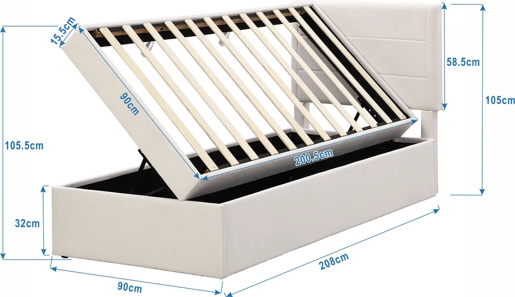 Lit coffre 90x200cm beige pour optimiser le rangement des petits espaces - 4
