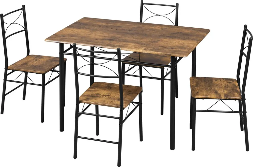 Table de repas 110cm Marron Rustique et 4 chaises en MDF pour cuisine
