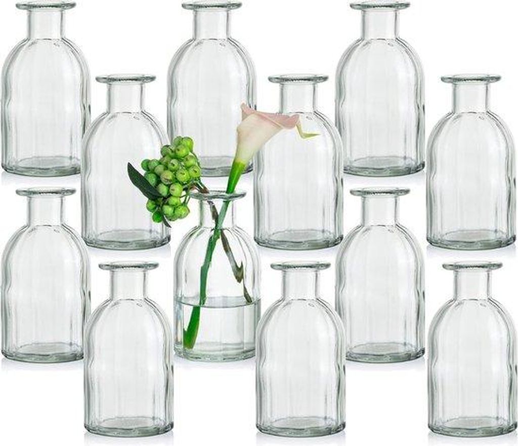 Kleine glazen Mini-Vasen-Sets, 12er, durchsichtig, vintage, geribbelt, rund, Glas, farbenfroh, klein, Tafel-Decorations, für Hochzeit