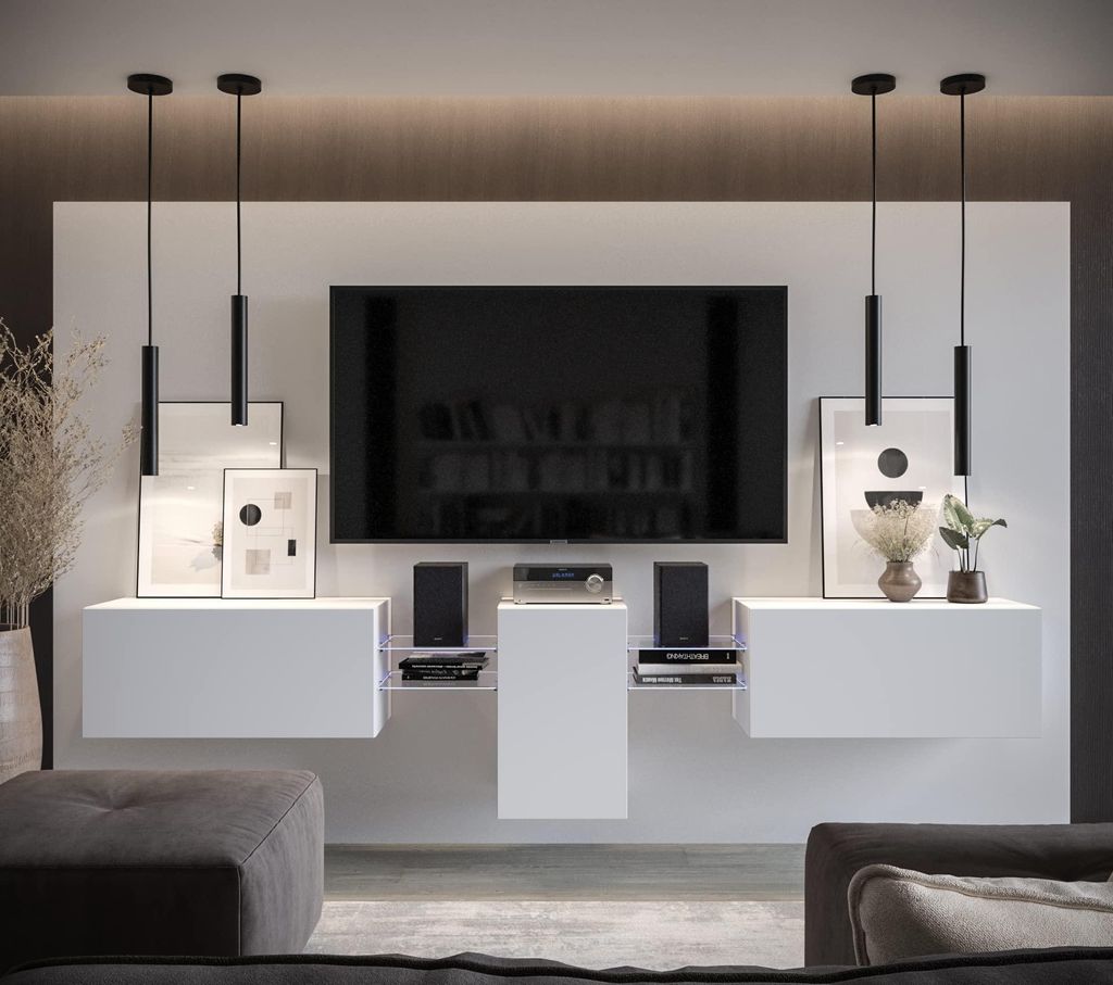 Furnitech Wohnwand Wohnzimmer - Wohnzimmer Möbel mit LED Weiß - Hängend Wohnwand Modern - Regale und TV Schrank (AN98-21W-M3-1B)