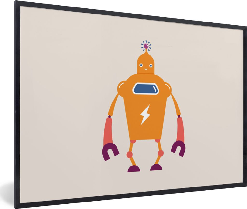 MuchoWow Gerahmtes Poster Roboter - Antenne - Orange - Blitzschlag - Junge - Kinder 90x60 cm - Poster mit Schwarzem Bilderrahmen Wandposter Rahme...