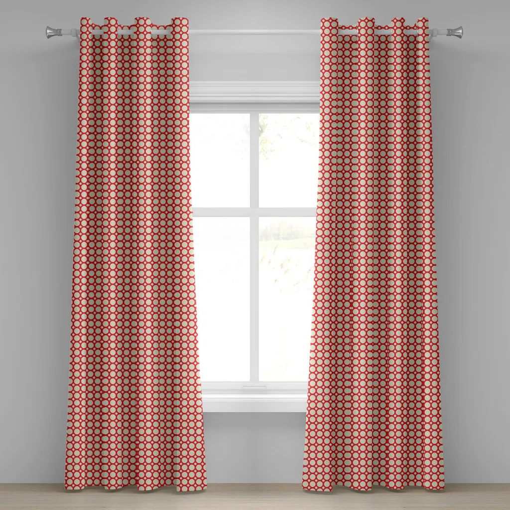 ABAKUHAUS Tenda retrò con occhielli, motivo a pois grandi e piccoli, design geometrico simmetrico, stile vintage, tende decorative a 2 pannelli, 280 cm x 175 cm, rosso e crema