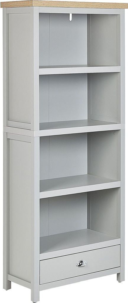 BELIANI Bücherregal Grau und Heller Holzfarbton Faserplatte mit 4 Fächern und 1 Schublade Soft-Close Hoch Landhausstil Multifunktional Wohnzimmer