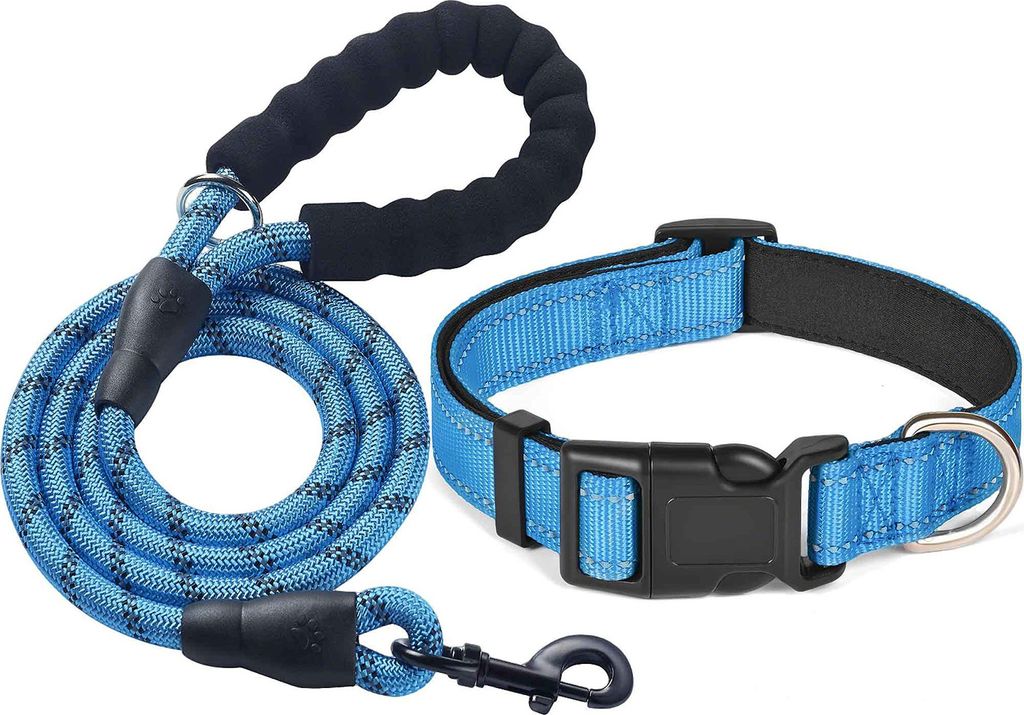 Reflektierendes Hundehalsband und Leinen-Set, 1,5 m Zugseil, Nylon-Haustierhalsband mit weicher Neopren-Polsterung für kleine, mittelgroße und gr...