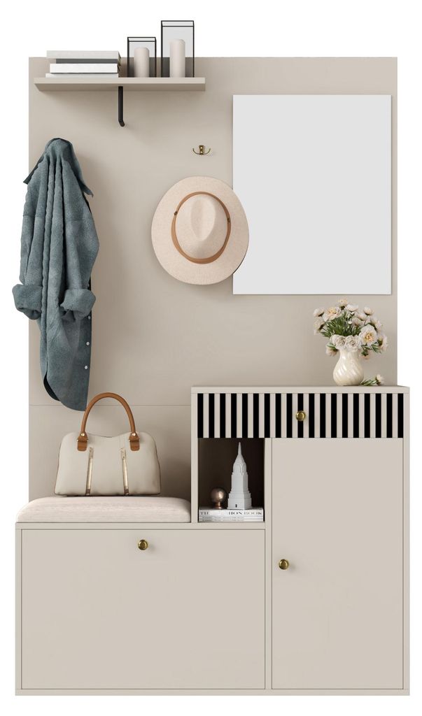 Kompaktgarderobe mit Spiegel, Polsterkissen, Regal, Schuhschrank, 110x185,5x37 cm
