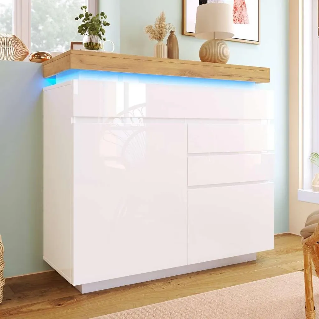 Sideboard design blanc laqué avec LED connectées - Meuble de rangement chic - 4