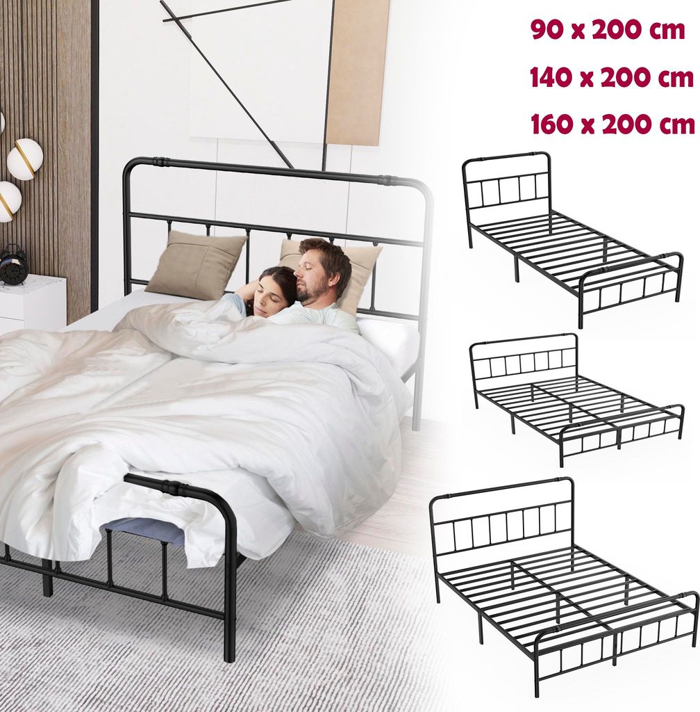 XINZI Metallbett 140 x 200cm Bettgestell Einzelbet Bettrahmen Gästebett für Schlafzimmer Gästezimmer mit Kopf Schwarz