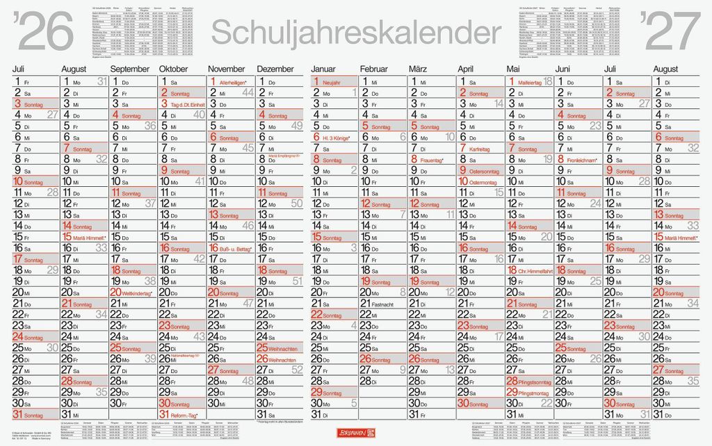 Schuljahreskalender 2026/2027 abwischbar | 750×470 mm Produktbild 