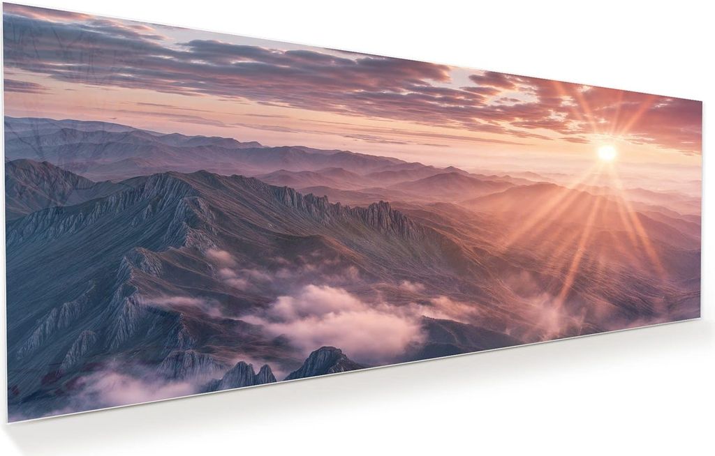 Glasbild 100x40cm in XXL für Wohnzimmer, Schlafzimmer Motiv Sonnenaufgang Berge