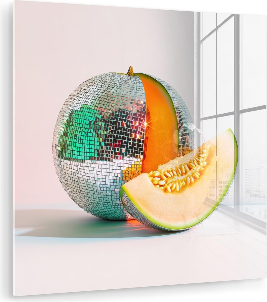 MuchoWow Glasbilder - Bilder auf Wandbild - Foto auf Glas Disco - Discoball - Melone - Pastell 90x90 cm Wanddekoration aus Glas - Acrylglasbild - A...
