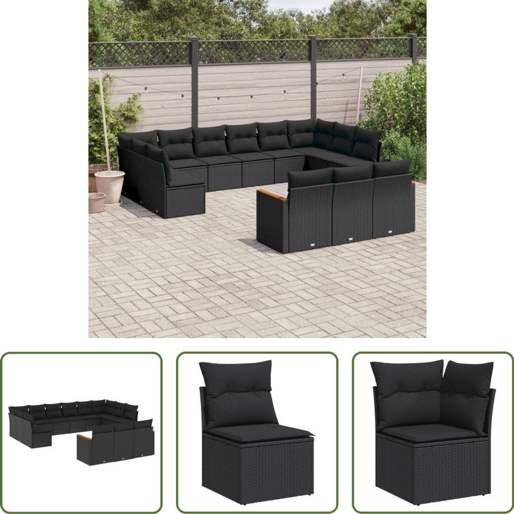 The Living Store 13-tlg. Garten-Sofagarnitur mit Kissen Schwarz Poly Rattan
