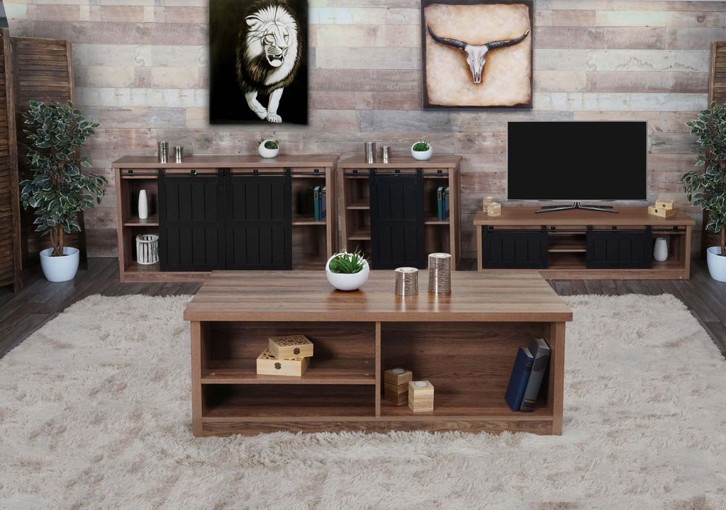 Wohnzimmerset aus TV-Rack, Sideboard, Kommode und Couchtisch MCW-K75, Schiebetür Staufächer, Industrial braun