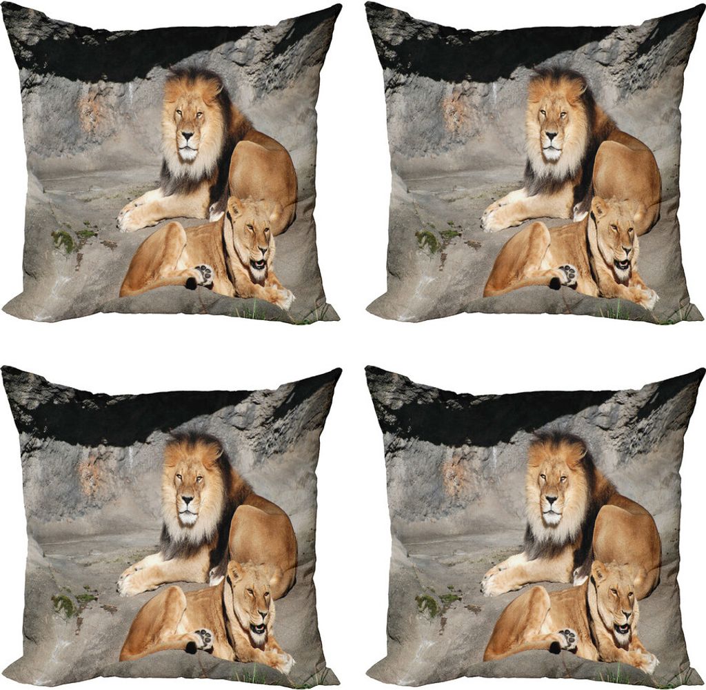 ABAKUHAUS Zoo Kissenbezug Set (4 Stück), Lions Basking in Sun Jungle, Moderner Doppelseitiger Digitaldruck, 50 cm x 50 cm, Pale Brown Grau Gelb