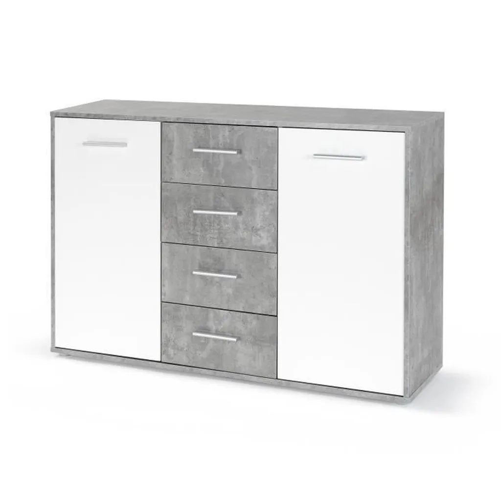Commode de salon PILVI bicolore béton gris et blanc 122x88x34 cm