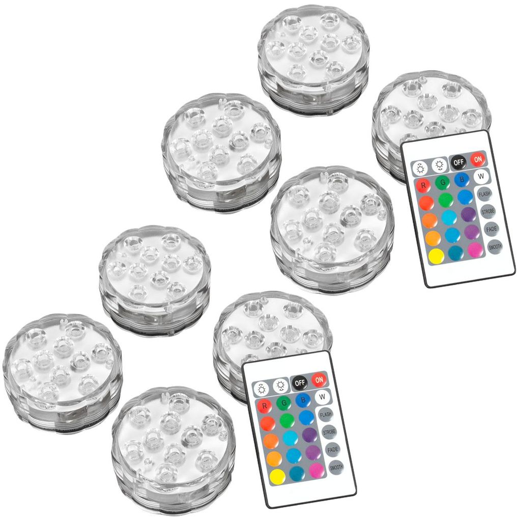 8er-Set Multicolor-LED-Unterwasserleuchten: 15 Farben, Fernbedienung, IP68 - für beeindruckende Lichteffekte unter Wasser