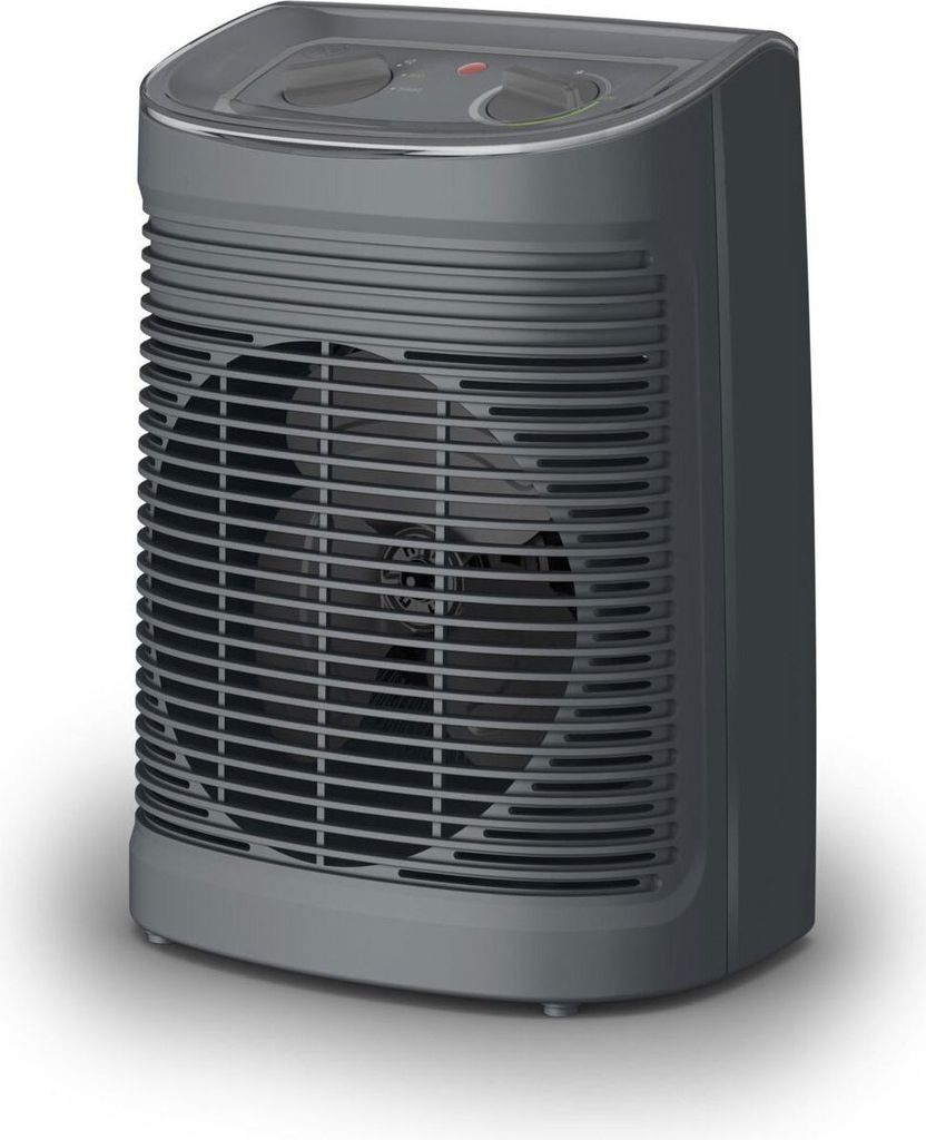 A gray electric heater with a fan.