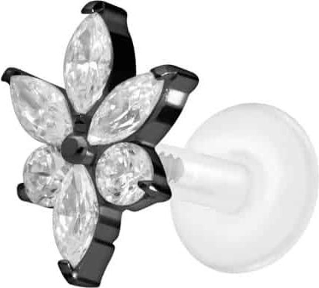 Ohrpiercing, Nasenpiercing PTFE Labret mit Innengewinde + Titan-Aufsatz KRISTALLBLUME Schwarz Stablänge: 5mm | Stabstärke: 1,2mm