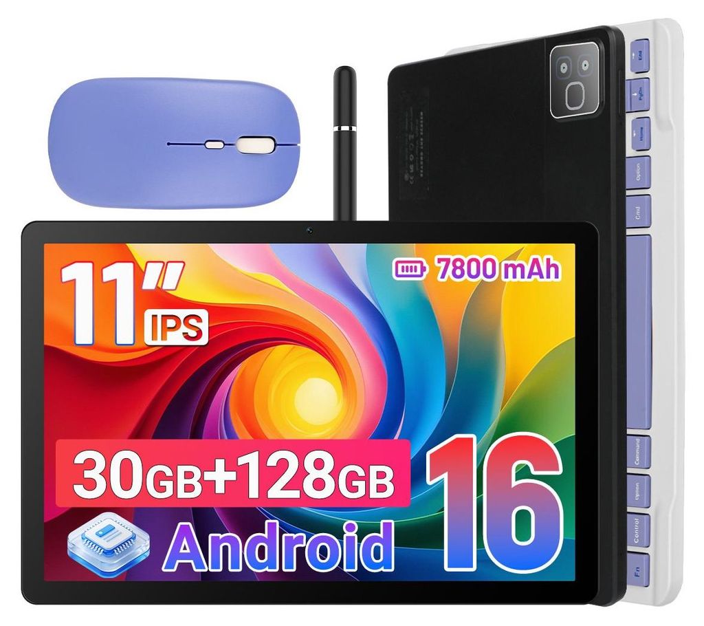 Tablet 11 Zoll Android 16, 2-in-1 mit Tastatur, Maus, Stift, 128 GB ROM + microSD bis 1 TB, 30(3+27)GB RAM, 7800 mAh, 5G WLAN, OTG
