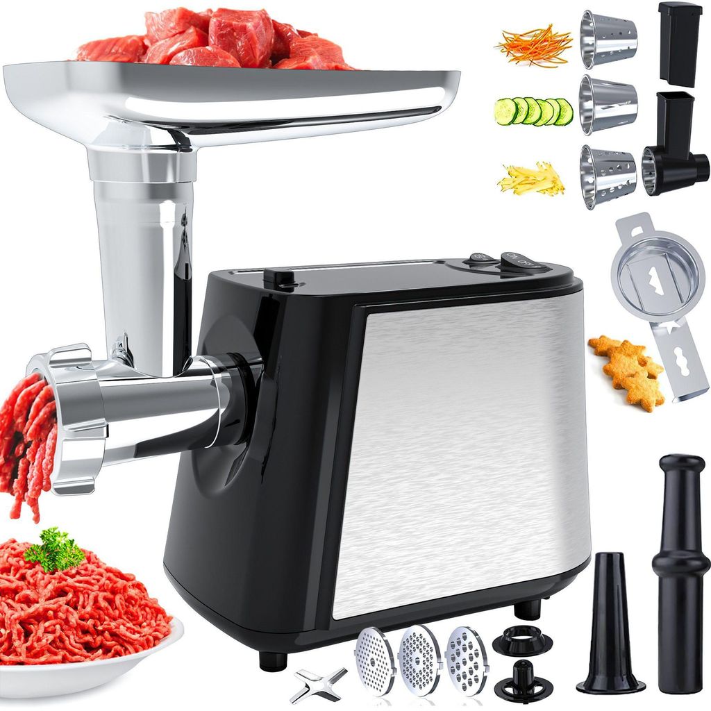 3000W Elektrischer Fleischwolf, 3in1 Multi Küchenmaschine, Vor- und Rücklauf, mit Plätzchen Aufsatz, 3 Lochscheiben, Kubbe & Wurstfüllrohren