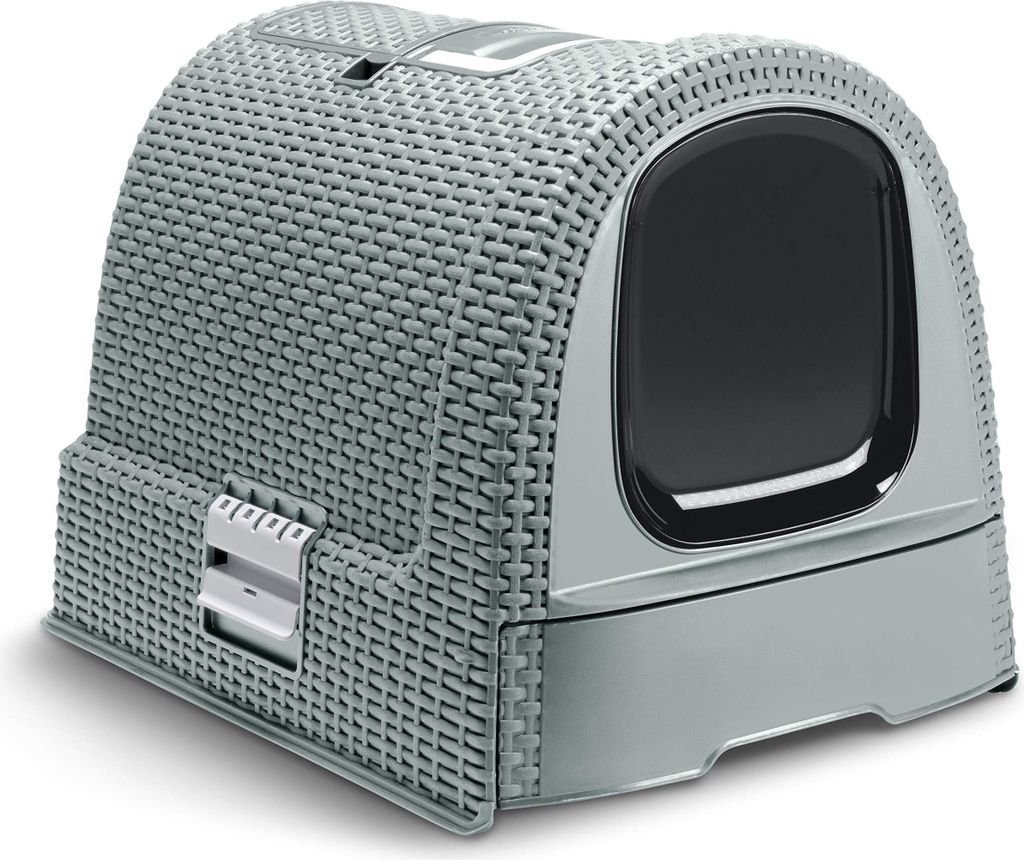 Curver petlife Katzentoilette mit Deckel, Katzenklo inklusive Schaufel, moderne Rattangeflecht-Optik, grau-blau, 51,5 x 38,5 x 40 cm