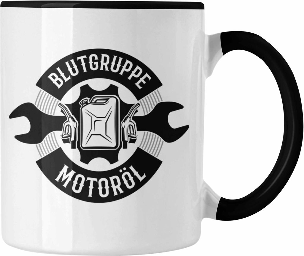 Trendation - KFZ Mechaniker Tasse Geschenk Spruch Männer KFZ Mechatroniker Geschenkidee Becher Werkstatt Blutgruppe Motoröl (Schwarz)
