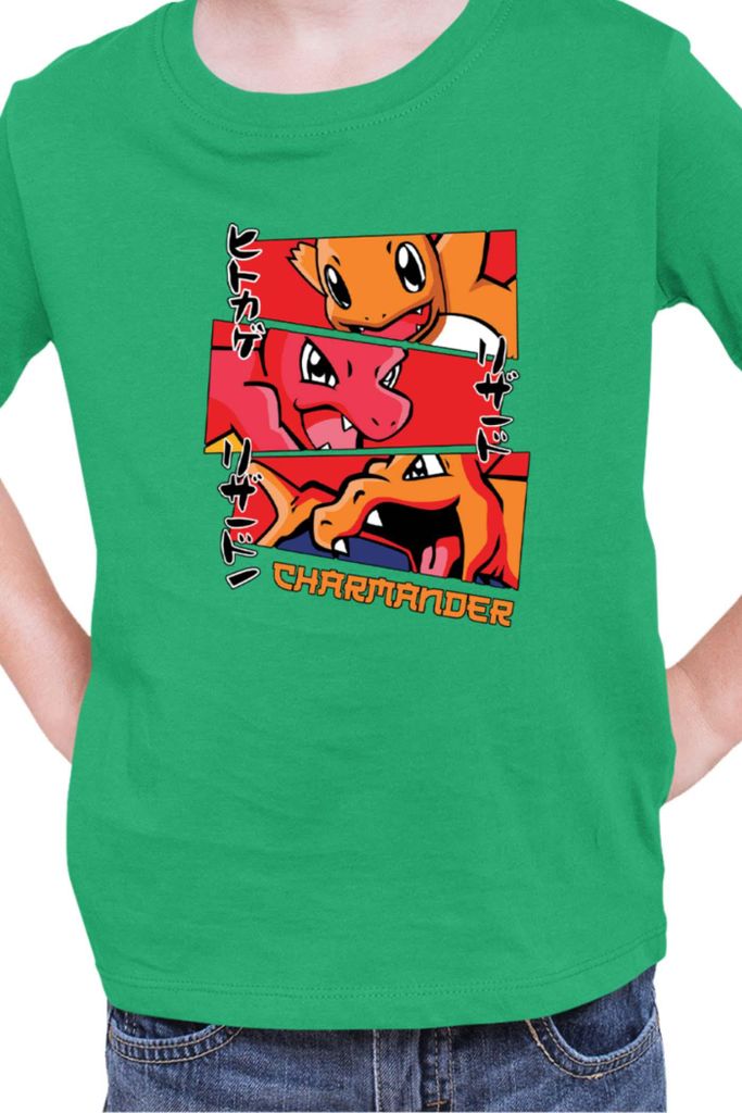 Kinder T-Shirt Japan Manga Anime Comics Animation Pokeball Charmander Evolutions, 5-6 Jahr - 116 / Grün
