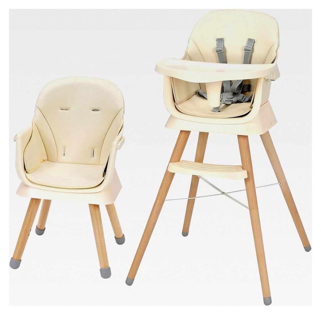 Hochstuhl für Babys, umwandelbar zu Sitzerhöhung und Barhocker, mit Holzbeinen, 5-Punkt-Gurt und abnehmbarem Tablett (Beige)