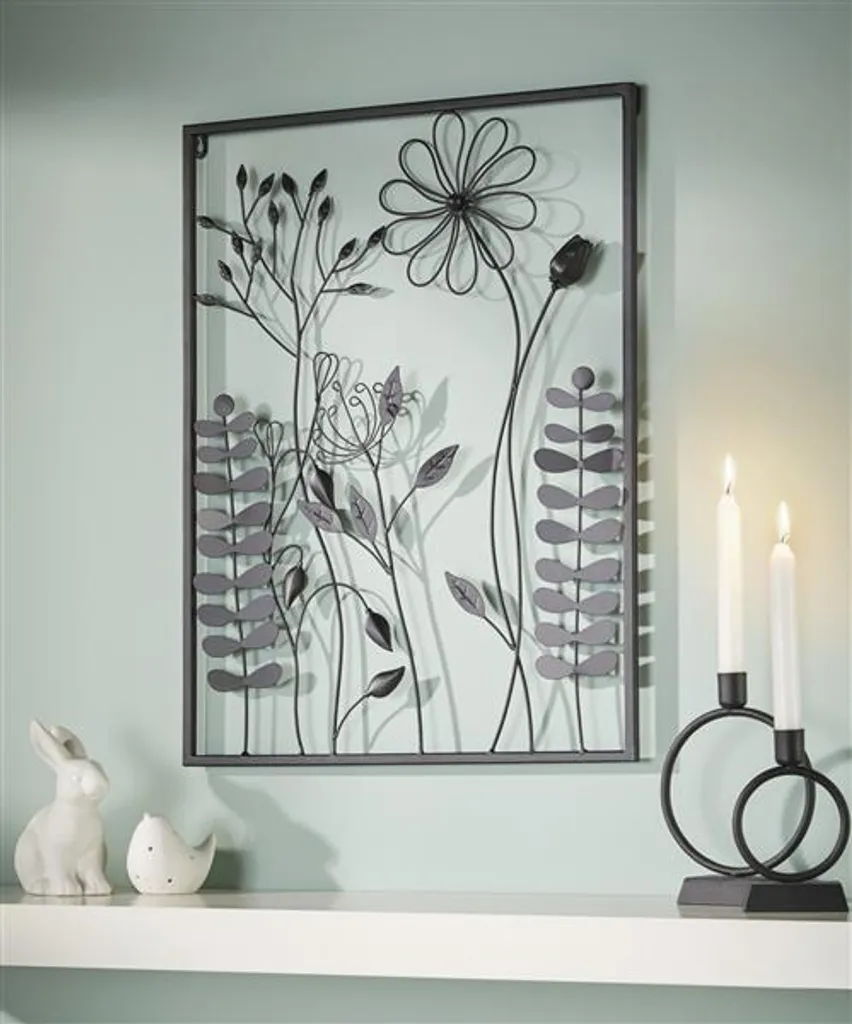 Décoration murale design fleurs en métal noir mat 3D format 43x58 cm