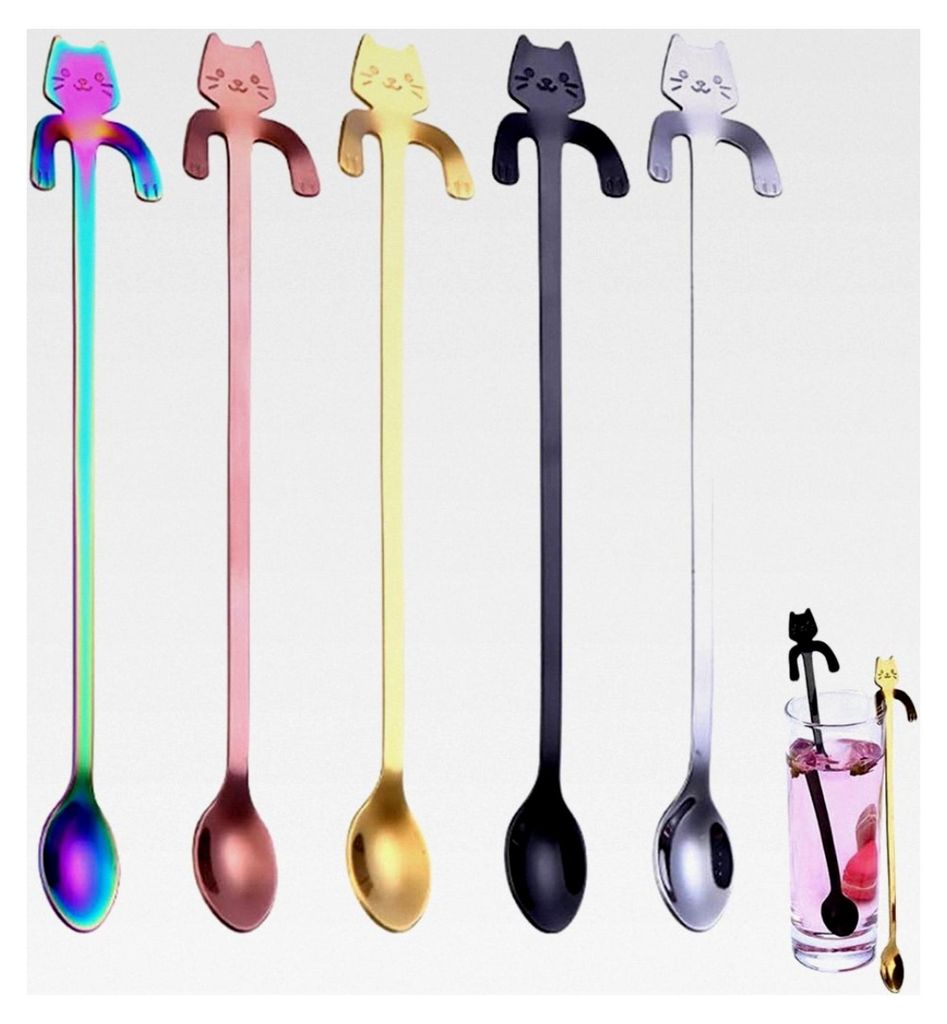 Mini Katzenkaffeelöffel, 5 Stück mit langem Griff, hängender Teelöffel für Tassen, Katzen Kaffee Löffel, geeignet für Tee, Kaffee, Desserts ...