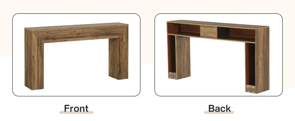 Table de salon derrière le canapé en bois marron aspect strié