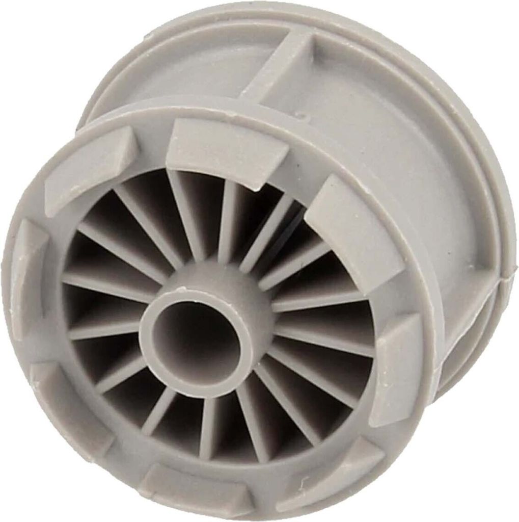 A close-up studio shot of a gray plastic faucet aerator insert.