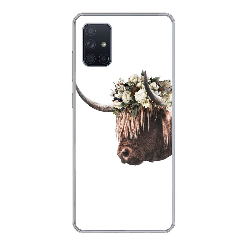 MuchoWow Handyhülle Schutzhülle Hülle für Samsung Galaxy A71 Schottischer Highlander - Kuh - Rosen Silikon Softcase Handy Hülle - Kartenbesi...
