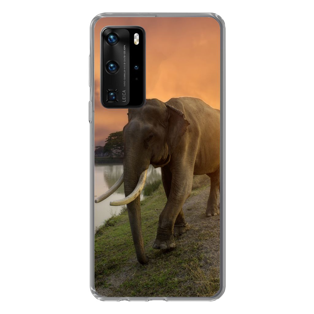 MuchoWow Handyhülle Schutzhülle Hülle für Huawei P40 Pro Elefant - Wasser - Tiere - Sonnenuntergang - Natur Silikon Softcase Handy Hülle - S...