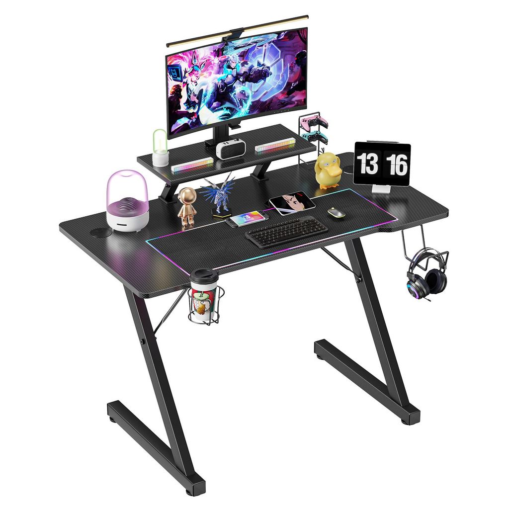 Z-Typ Gaming Tisch,Gaming Schreibtisch, PC Tisch mit Kopfhörerhaken und Kohlefaserbeschichtung, Ergonomischer Computertisch, Metallgestell 100x54x...