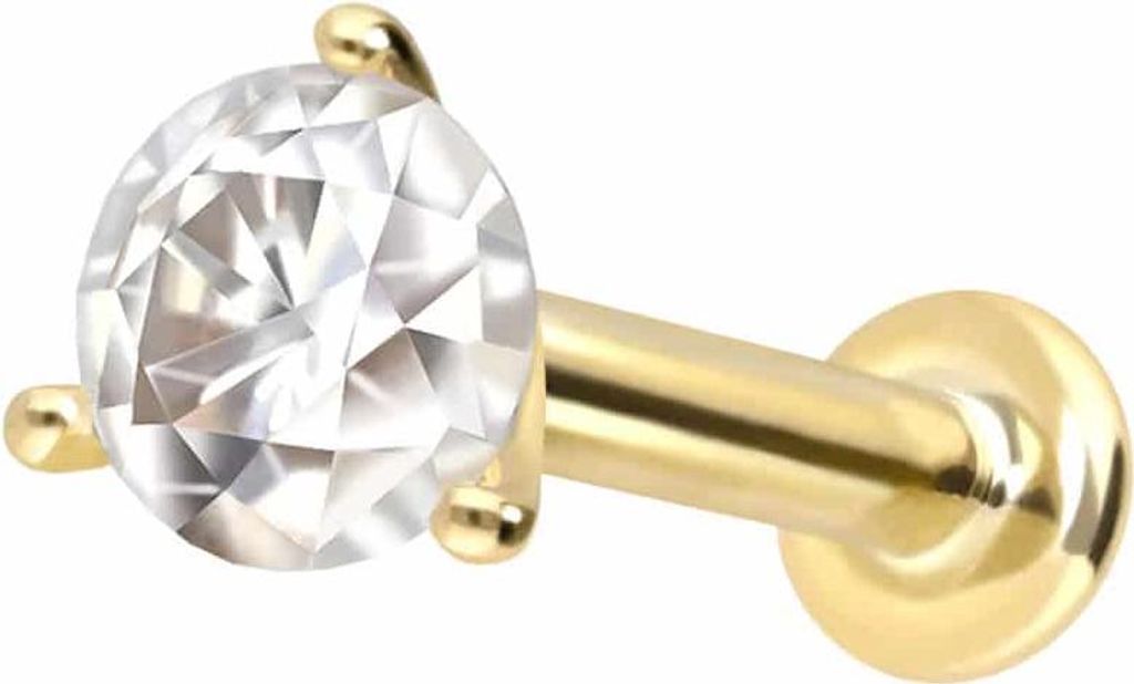 Ohrpiercing, Nasenpiercing 14 Karat Gold Labret mit Innengewinde MOISSANIT Gold Stablänge: 5mm | Stabstärke: 1,2mm | Kristallgröße: 2,5mm