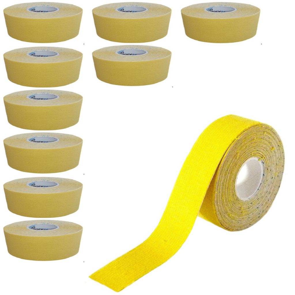 10 Rollen - Tapefactory24 Getting Started Kinesiologie Tape 2,5cm x 5m - gelb, Tapes Taping Klebeband Tapeverband Bandage wasserfest