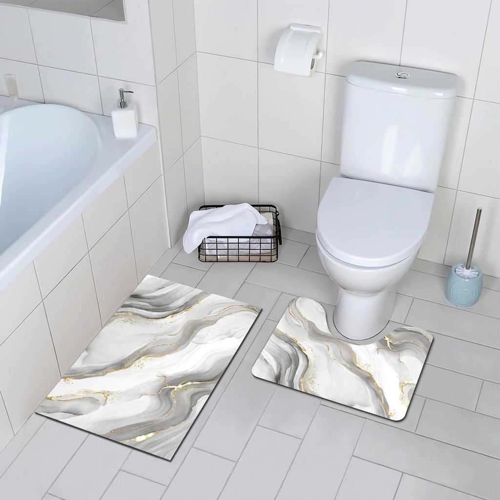 Set mit 2 Badematten, super saugfähig, weiß mit Marmormuster, rutschfest, schnelltrocknend, weich und waschbar, für die Badewanne, 40 x 60 cm + ...