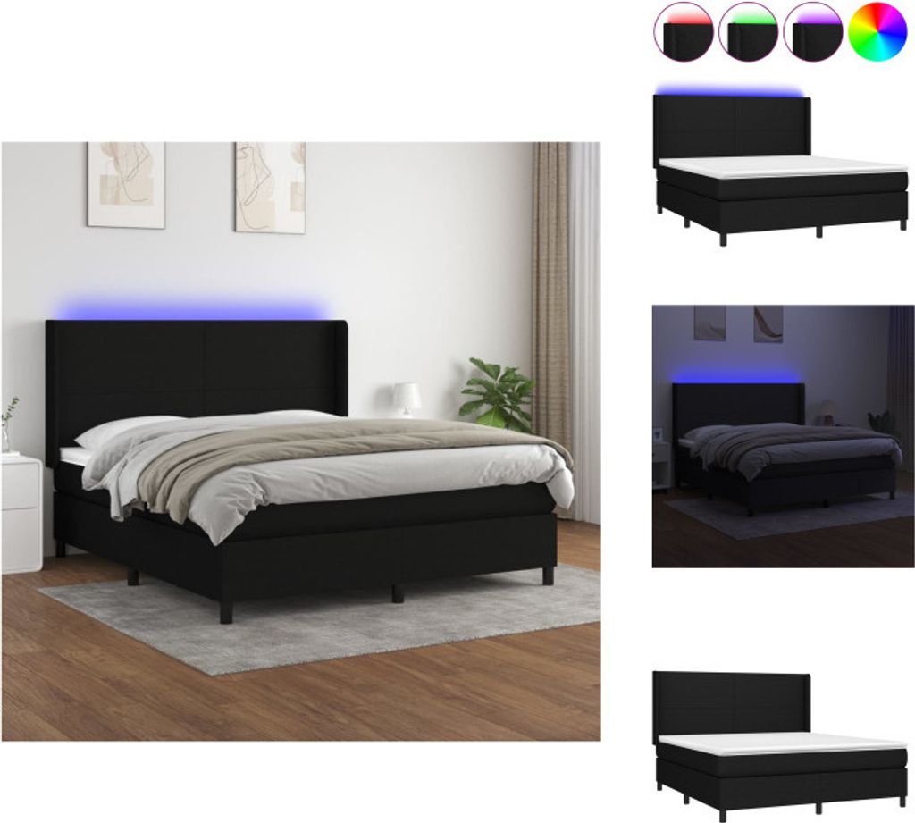 vidaXL Boxspringbett mit Matratze & LED Schwarz 180x200 cm Stoff - Betten & Bettgestelle