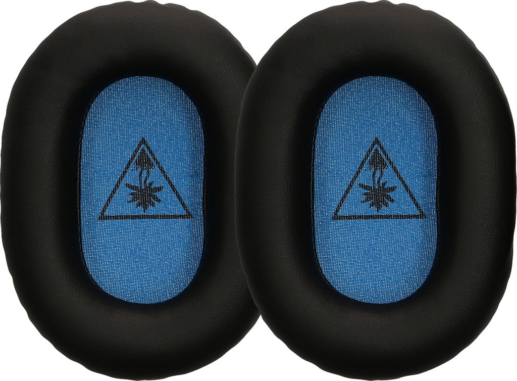 Two black ear pads with blue inner material and a black logo are shown against a white background.