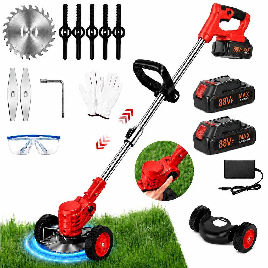 Akku-Rasentrimmer 21V mit 2 Akkus & Ladegerät, 3-in-1, Teleskopstiel mit Rädern, Elektrischer Kantenschneider für Garten & Rasen