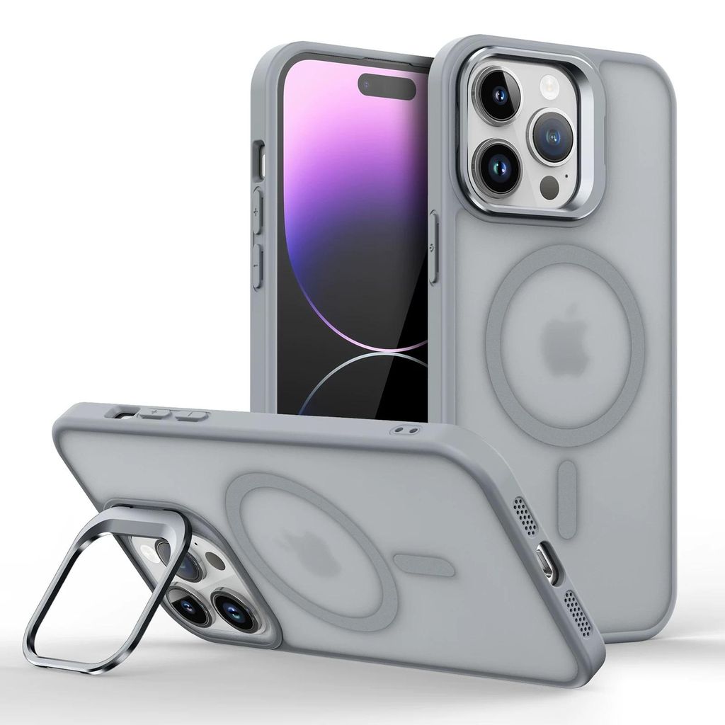 MagSafe Handyhülle mit ausklappbarem Ständer für iPhone 16 Promax– Stoßfeste Schutzhülle, Mattes Design - Grau